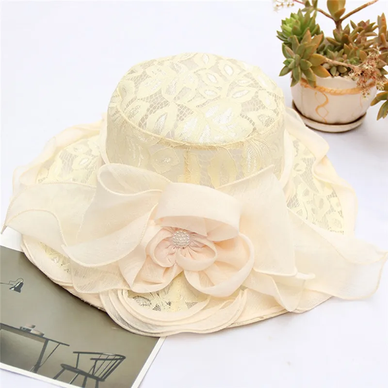 

Lace Sun Hats For Women Summer Large Beach Hat Flower Printed Wide Brim Retro Spinning Wedding Tea Party Church Cap