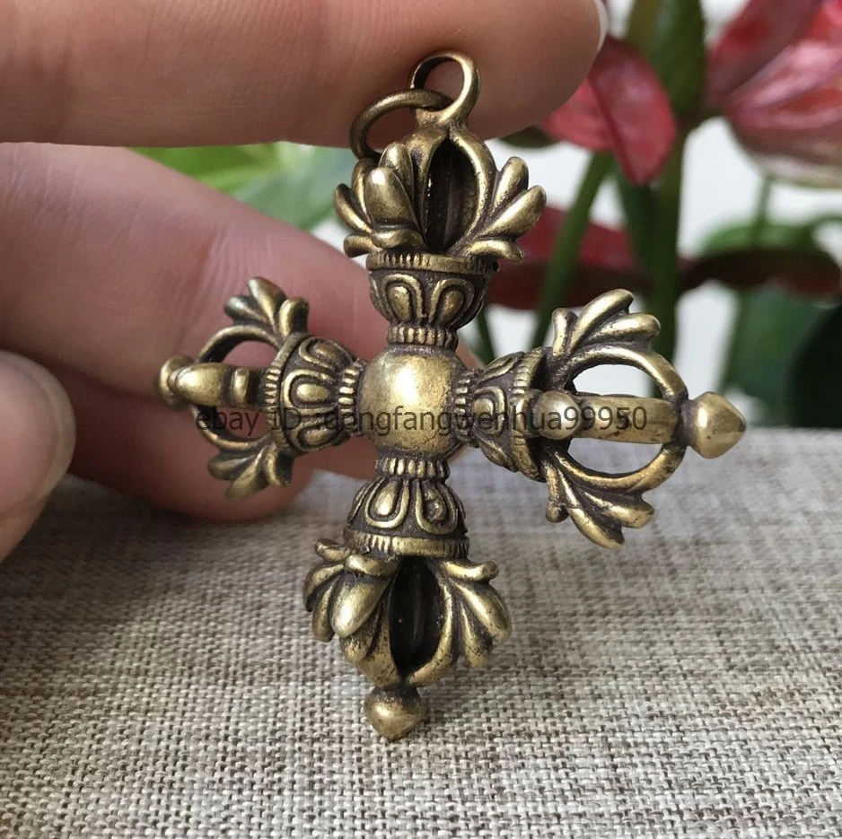 Китайский бронзовый медь 4 лепестка Dorje Vajra pestle exorcise evil Amulet кулон A02|Статуи и
