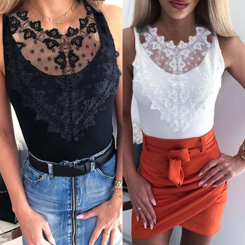 Black White Mesh Lace Patchwork Vest Shirt Women Causal Sexy Tops Elegant Ladies Blouse Summer Party Casual Blouse Femme Blusas