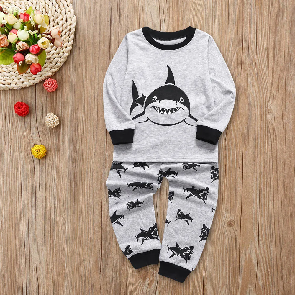 Дети детская одежда с длинным рукавом акул топ с принтом + штаны для мальчиков комплект одежды 2018 Акула плитка Стиль мультфильм Лидер продаж