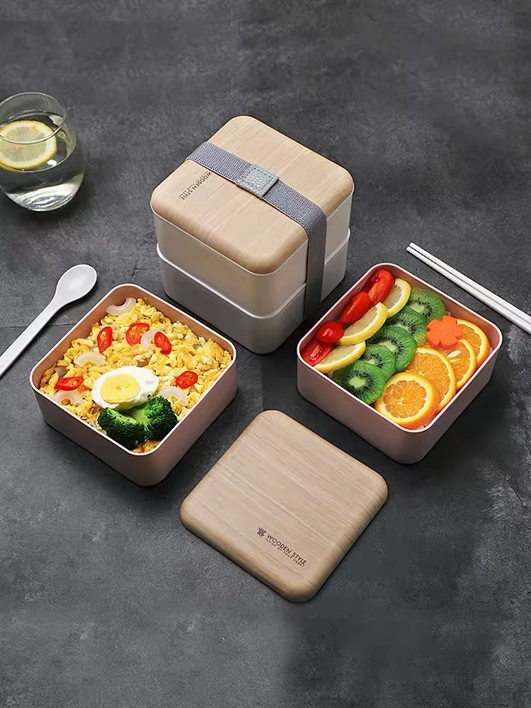 

2 Layer Wheat Straw Large Capacity Lunch Box Microwave Bento Box Kids Picnic Box with Elastic Belt Tableware Spoon Chopsticks