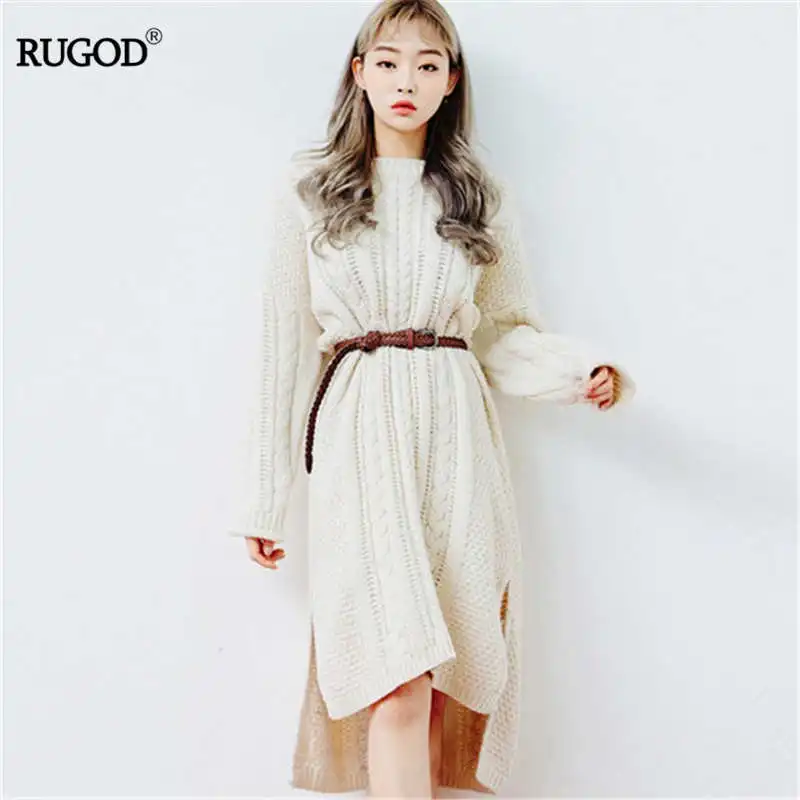 

RUGOD 2019 korea female autumn winter solid o-neck knitted pullover dresses split sliml lady casual lady outwear modis mujer