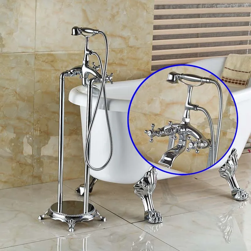 

Brand New Chrome Floor Mount Clawfoot Bath Tub Filler Faucet Free Standing + Handshower