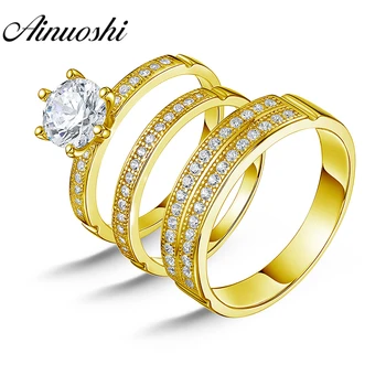

AINUOSHI Real Gold TRIO Rings Bridal Sets Double Pave Setting Band Engagement Jewelry 14K Yellow Gold Couple Wedding Rings Set