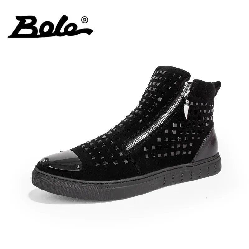 

BOLE Men Split Leather Rhinestones Diamond Sneakers Spring Autumn Boots Men Rubber Sole Sequin Shoes Casual Leather Zipper Shoes