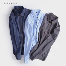 U& SHARK,, осенняя джинсовая рубашка, Мужская блузка, приталенная, винтажный стиль, ШАМБРЕ, рубашка, мужская, длинный рукав, хлопок, деним, рубашки, Повседневная