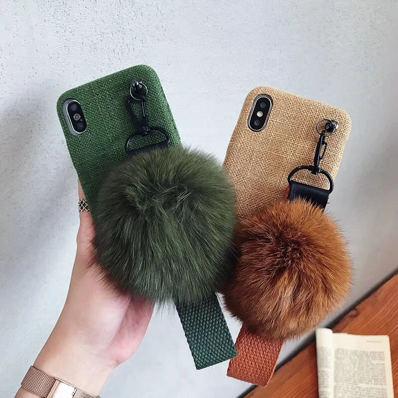 Чехол с меховым шариком и ремешком для iPhone XS XR XSMAX чехол теплая ткань мягкая