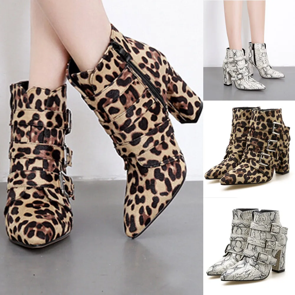 

2019 Women's Spring Boots Fashion Leopard Shoes Snakeskin Pattern Pointed Toe Zip Botas Mujer Invierno Waterproof High Heel Shoe