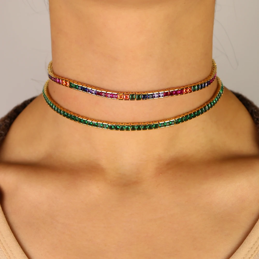 Ожерелье-чокер из Кубического циркония для тенниса, 30+ 10 см, удлиненная цепочка, Радужный зеленый чокер из фианита для женщин
