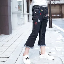 Детская одежда осень шаблон для девочек Джинсы для женщин корейских детей вышитые Рог длинные ковбойские Брюки для девочек