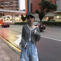 HziriP в Корейском стиле 2018 Для женщин блузка v-образным вырезом длинный рукав Повседневное черный, белый цвет в полоску новые модные мягкие