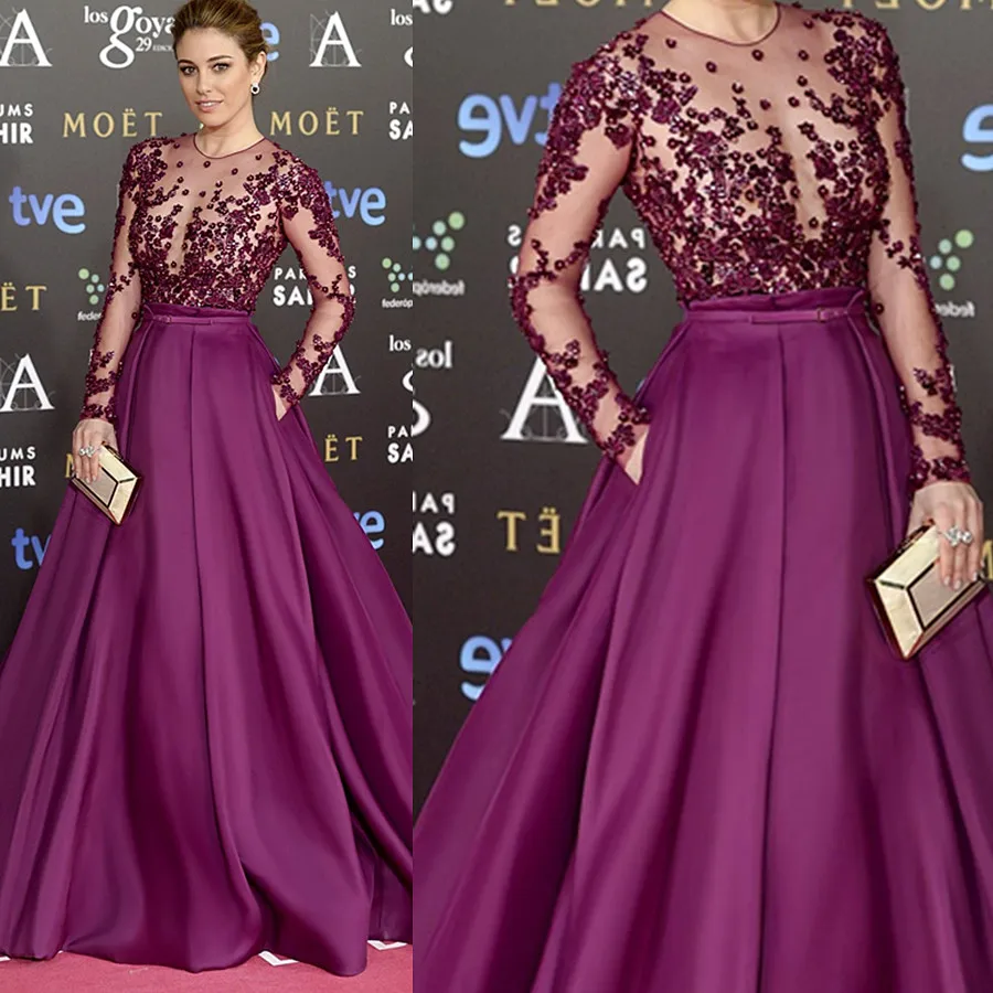 purple long sleeve formal dress