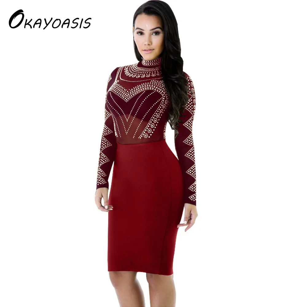 Okayoasis Free Shipping Red Ol Elegant Bodycon Dress Women Long Sleeve ...