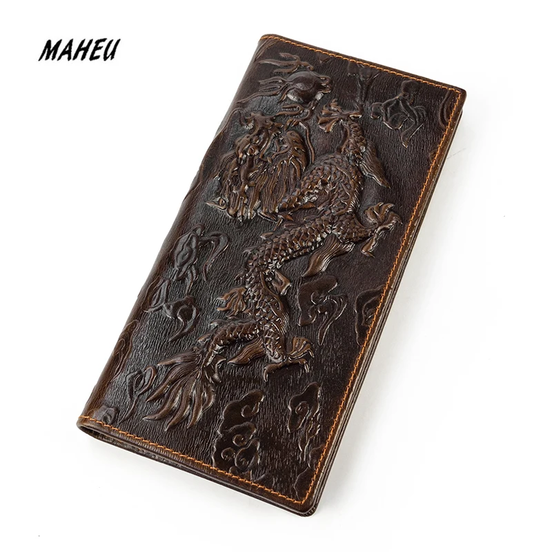 MAHEU модный длинный кошелек из натуральной кожи с 3D тиснением дракона мужской