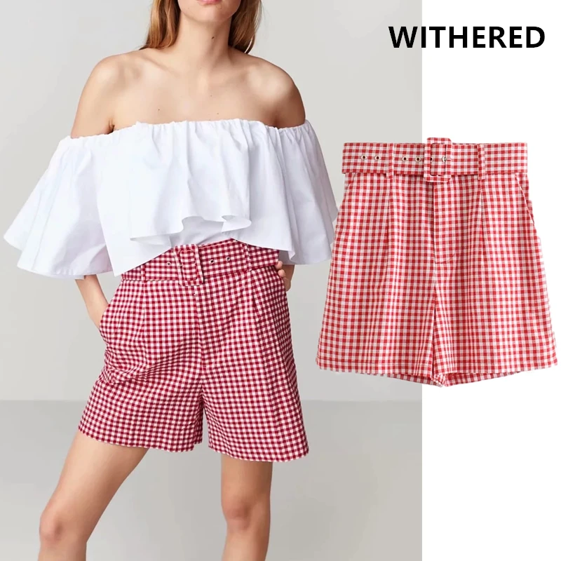 

Withered shorts women englang style red plaid high waist shorts women with belt short feminino harem shorts women plus size