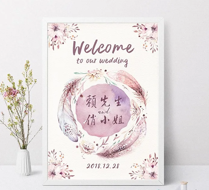 

1pc custom in french English Russian personalize feather flower Welcome sign card for Wedding poster party decoration Engagement
