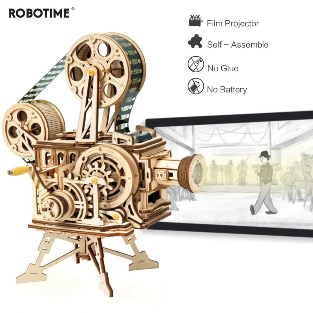 Robotime Hand Crank Diy 3D Flim Projector Wooden Model Building Kit Assembly Toy Gift for Children Adult LK601
