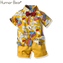 Humor Bear/Детский костюм Новинка года, летняя одежда для мальчиков футболка с короткими рукавами с принтом листьев+ повседневные шорты+ галстук-бабочка, одежда для малышей