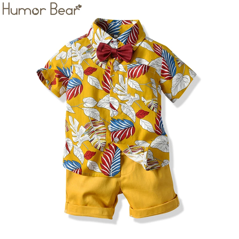 

Humor Bear Children's Suit 2019 New Summer Boys Clothes Leaves Print Short-Sleeved + Casual Shorts+ BowTie Baby Kids Clothes