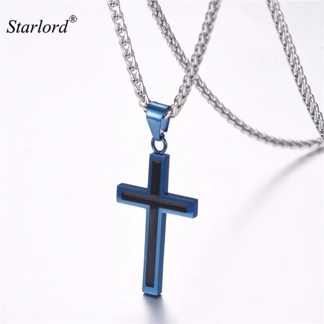 Blue Cross Pendant Necklace For Men Stainless Steel Gold Color