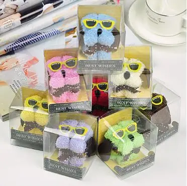 

Free ship!1lot=20pc! Cute small dog with glasses,pure cotton cake towels/ festival creative wedding Birthday gift/PVC box