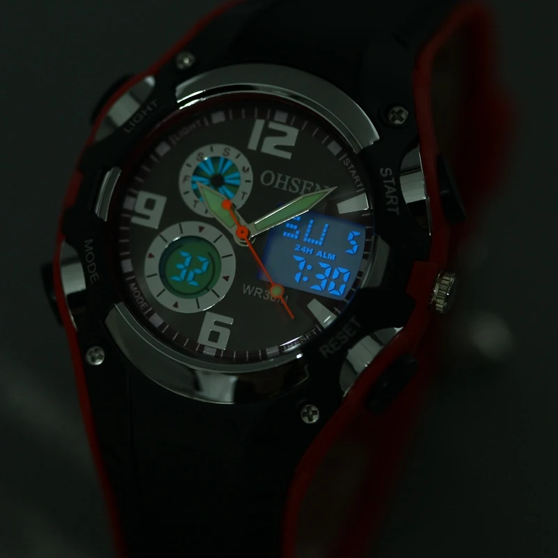 Новинка года Ohsen цифровой бренд Кварцевые спортивные наручные часы для мальчиков водонепроницаемый силиконовый ремешок модные цифровые красные часы