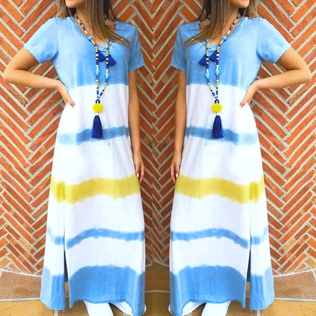 

Summer Dress Short Sleeve Women Dress Casual Gradient Ankle-Leng Dress Lotus Printing O-Neck Vestidos de Festa #30