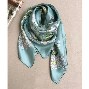

Fresh Green Floral Print 100% Twill Silk Scarf Foulard Women Large Square Silk Scarf Shawl Hijab Head Scarves 35" * 35" Gifts