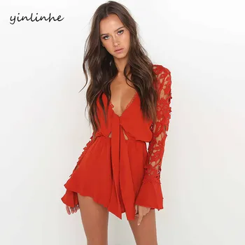 

yinlinhe Red lace overalls women long Flare Sleeve summer wrap playsuit Hollow Out Rompers V-neck sexy Short Jumpsuits 056