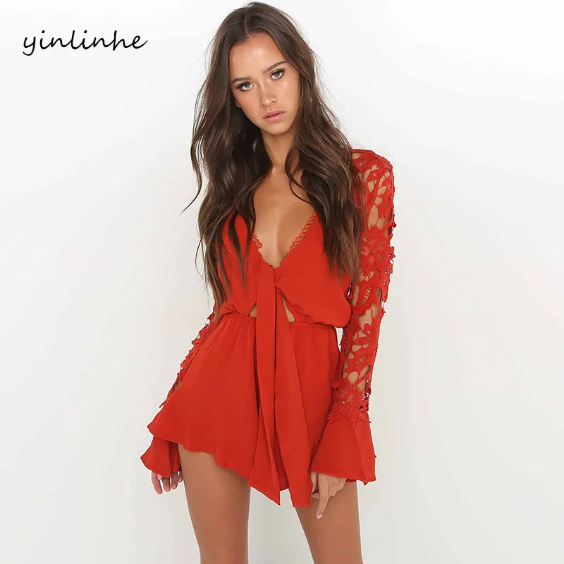 Женский кружевной комбинезон yinlinhe красный короткий с длинным рукавом фонариком