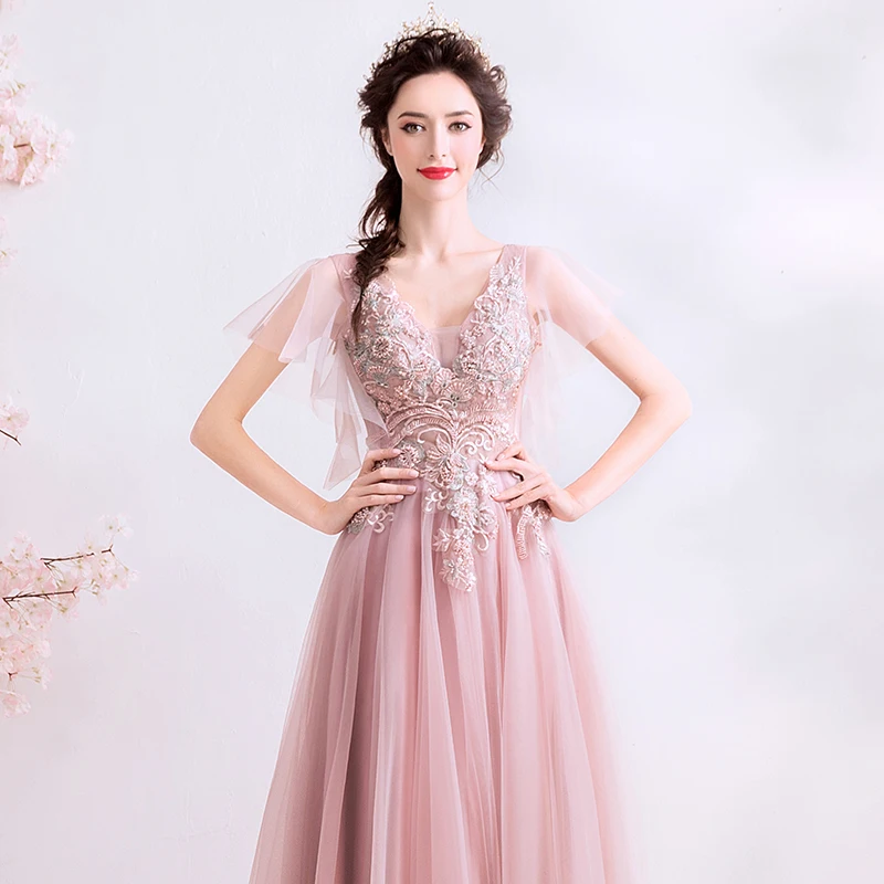 Женское вечернее платье до пола SSYFashion роскошное розовое с кружевной аппликацией