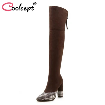 

CoolCept Plus Size 33-46 Women Thigh High Boots Bling Crystal Warm Fur Winter Shoes Woman Sexy Fashion Zipper High Heel Boots