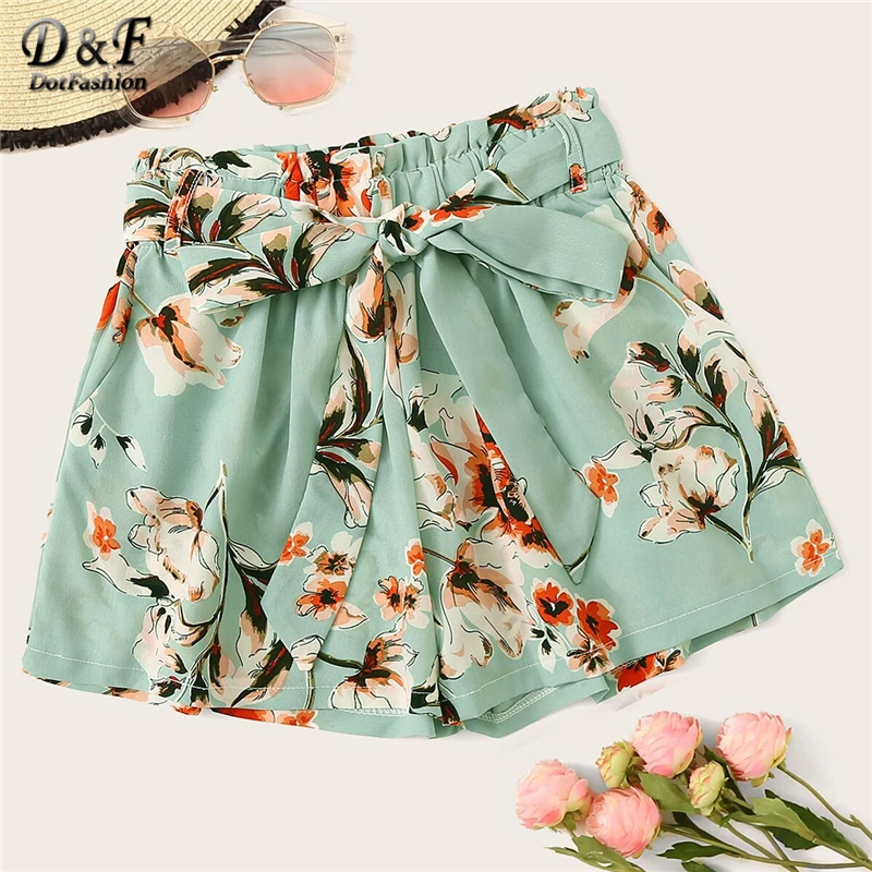

Dotfashion Floral Print Belted Shorts Women 2019 Summer Casual Shorts Ladies Boho Elastic Waist Korean Fashion Wide Leg Shorts