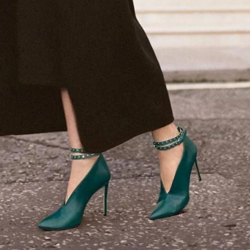 

Fashion sexy women's banquet shoes large size high heel Leather stiletto pointed ankle strap Women Shoe Heels women pumps