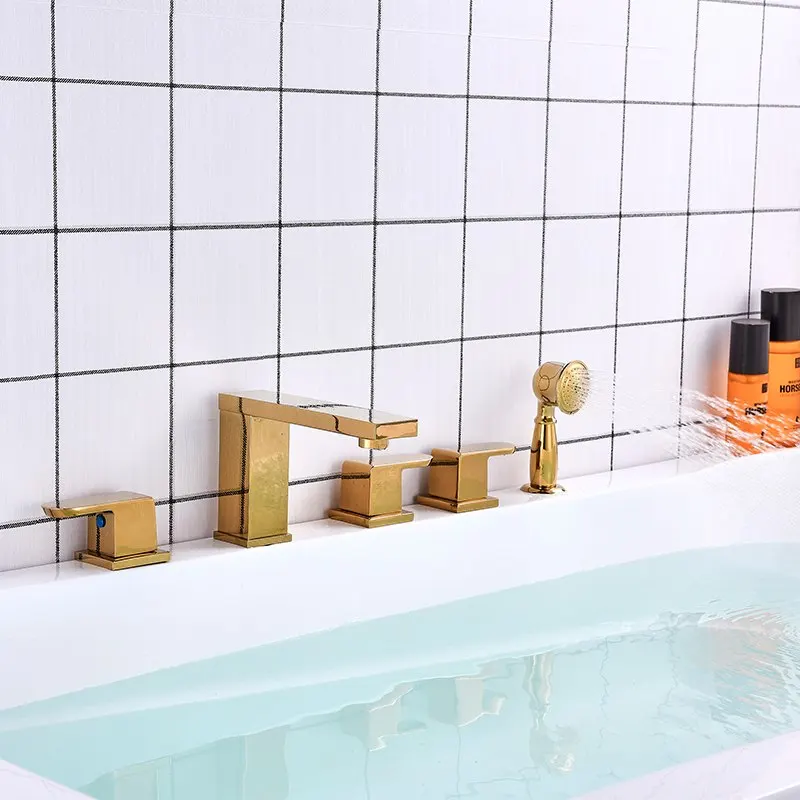

5 Pcs Bathroom Basin Faucet Golden Deck Mounted Washbasin Mixer Tap