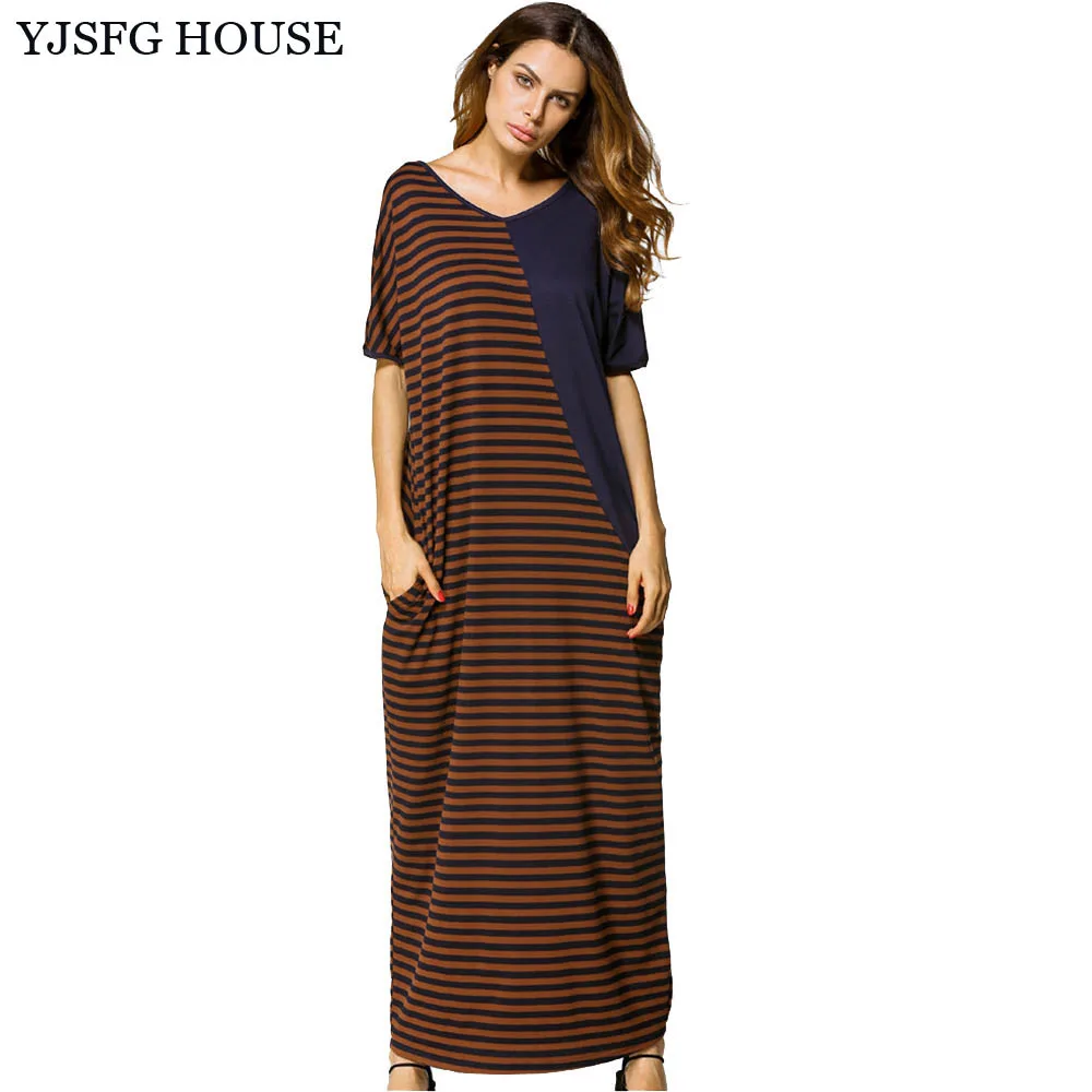 YJSFG HOUSE Women V neck Striped Patchwork Long Maxi Dresses Plus Size ...