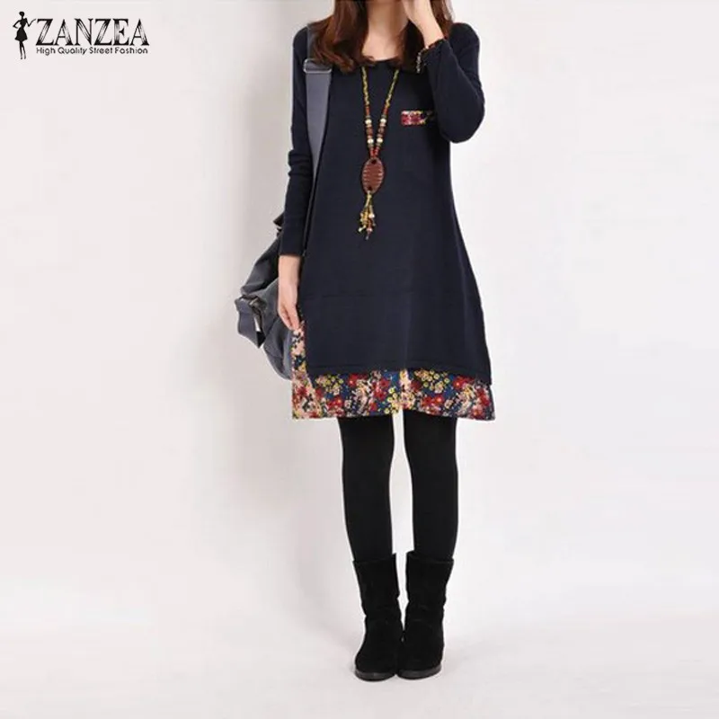 

ZANZEA 2019 Plus Size Autumn Dress Women Long Sleeve Print Patchwork Shirt Dresses Female Vintage Casual Sweatshirt Vestidos 5XL
