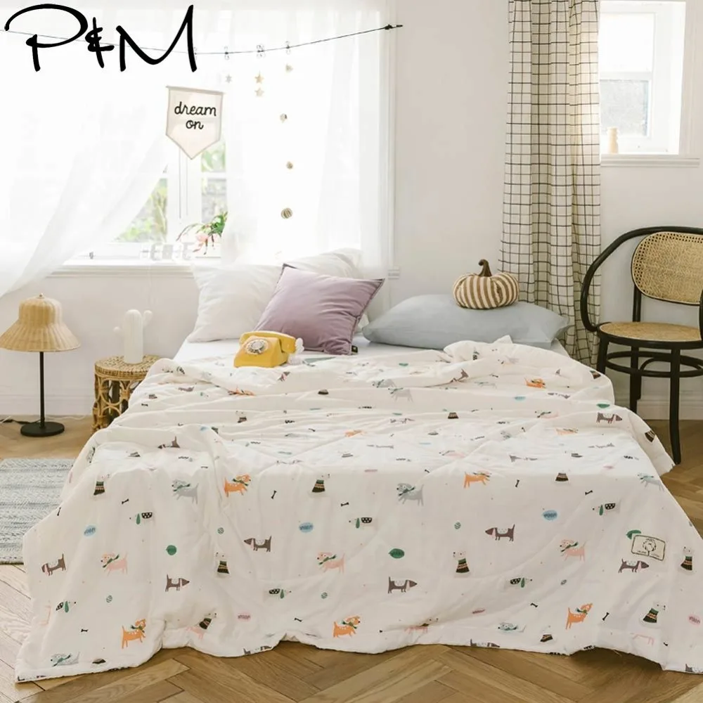 

2019 Cartoon Cute Little Dogs INS Towel Gauze Quilting Blanket Summer Thin Quilt Pure Cotton Twin Queen Size Bedspread