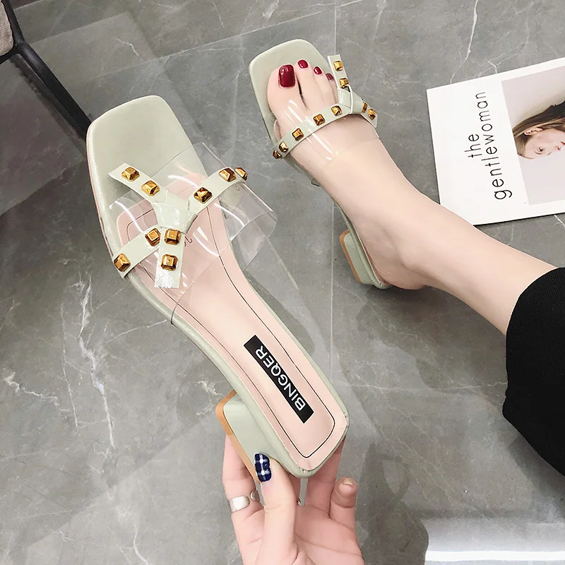 

female brief flat slippers chunky heel summer ladies Rubber clear slides leather toe pvc outside modis new 2019 sliders