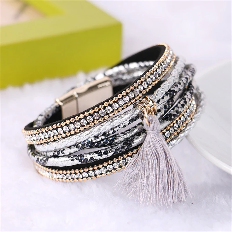 

8SEASONS New Fashion Multi-layer Magnetic Clasp PU Leather Weave Bracelet Rhinestone Beads Women Tassels Bangles 40cm, 1 PC