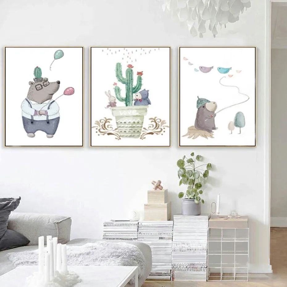 

Leisurely Happy Bear Balloon Cactus Canvas Painting Nursery Nordic Poster Print Wall Art Pictures Kids Room Home Decor