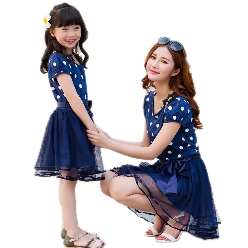 

Lovely polka dot mother daughter dresses cotton mesh summer mother and daughter clothes family look kids parent child outfits