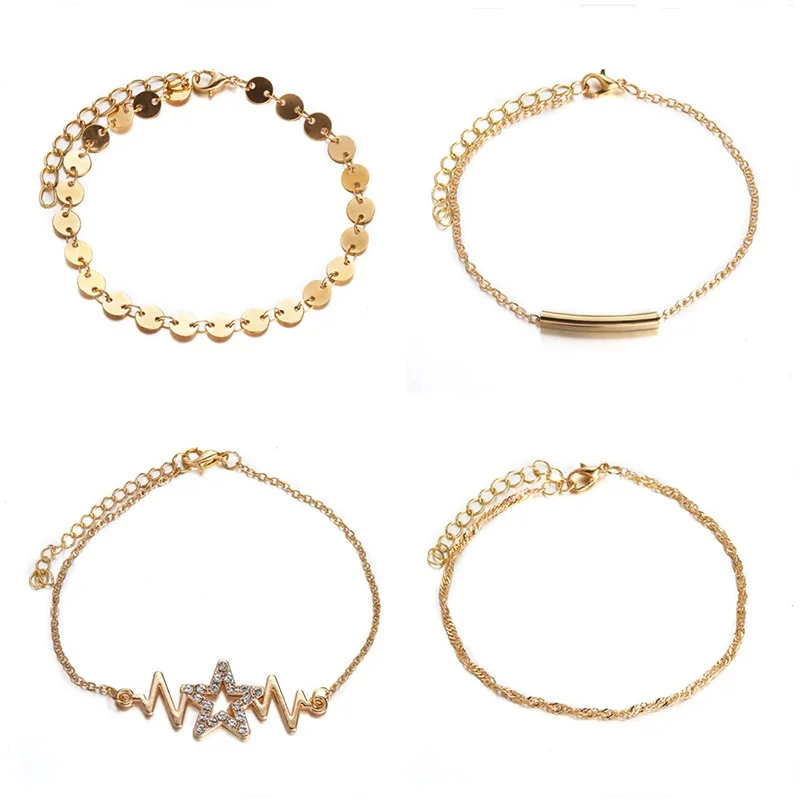 

4Pcs/Set Women Men Gold Star Electric Wave Gold Circle Squin Charm Chain Bracelet Suit Wholesale