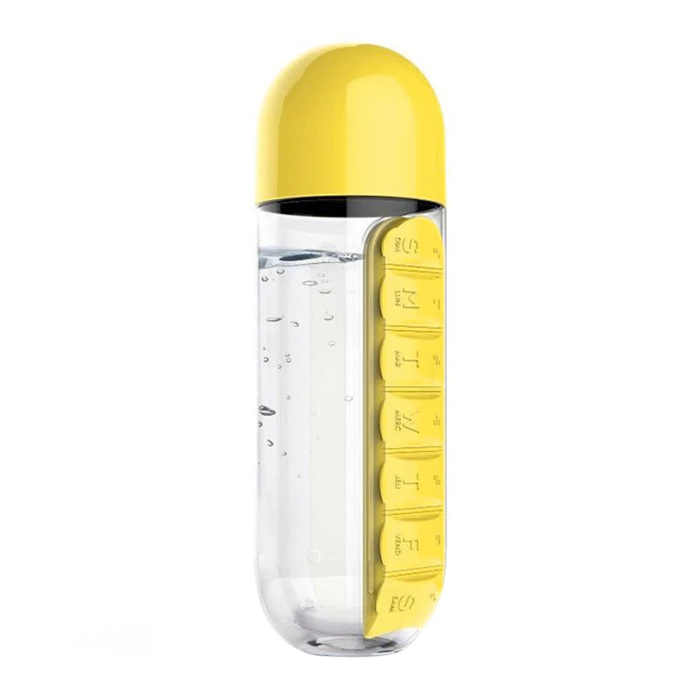 Портативный 600 мл, стакан для воды, бутылка для таблеток 2 в 1, бутылка для воды для путешествий, пластиковая бутылка для лекарств - Цвет: yellow