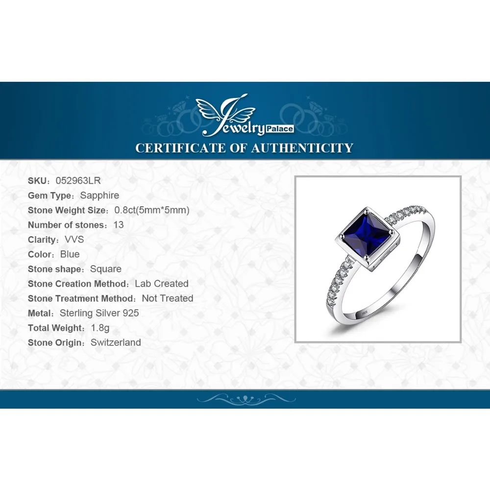 JewelryPalace Square 0.9ct Created Blue Sapphire Solitaire Ring 925 Sterling Silver Engagement Jewelry for Women Fashion Jewelry