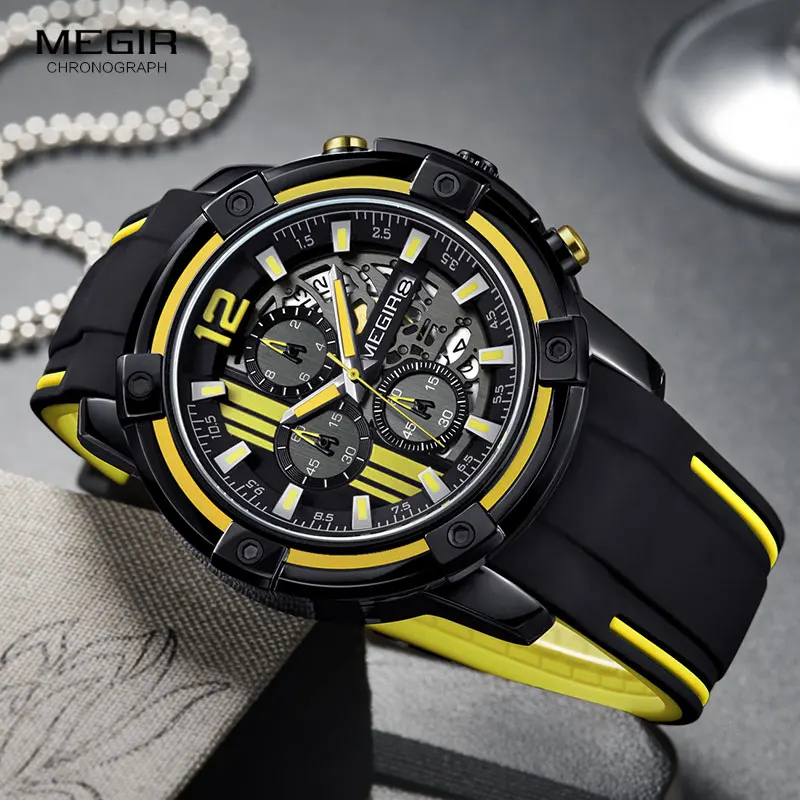 Cena Megir męska czarny silikonowy pasek kwarcowy zegarki Chronograph zegarek sportowy dla człowieka 3atm wodoodporna świetliste dłonie 2097 żółty