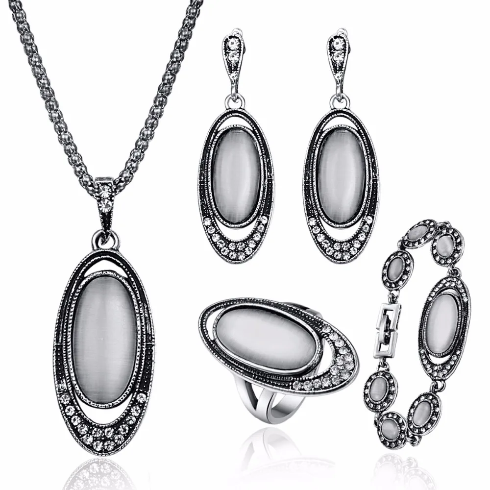 Vintage Opal Jewelry Sets For Women Antique Silver Pave Crystal Big