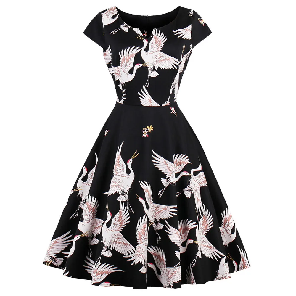 

Spring Summer Women Elegant Vintage Dresses 50s Plus Size Short Sleeve Cotton Bird Print Retro Party Dress Vestidos Feminino