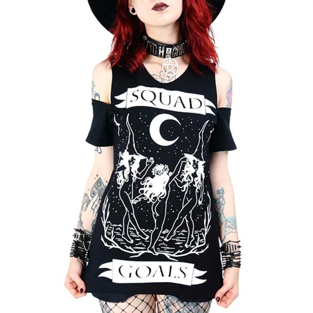 Новинка женская футболка в готическом стиле топы с открытыми плечами и коротким