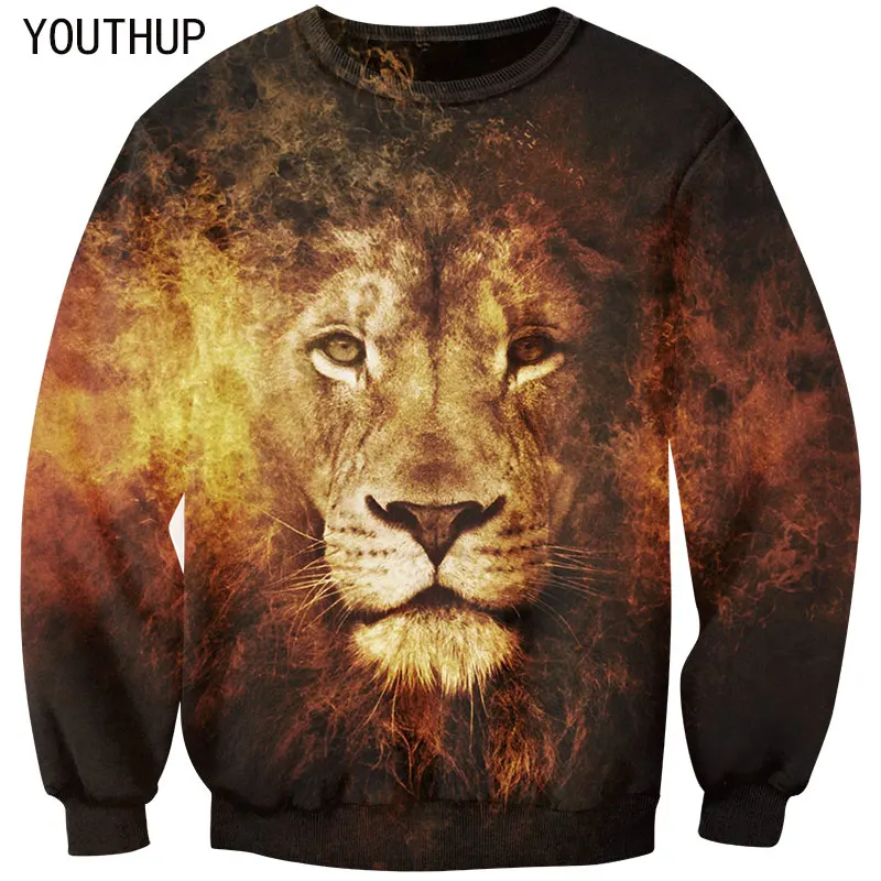 

YOUTHUP Men Hoodies And Sweatshirts 3D Print Cool Lion Fire Long Sleeve O-Neck Pullover Hip Hop Outwear Men Tops Plus Size 5XL